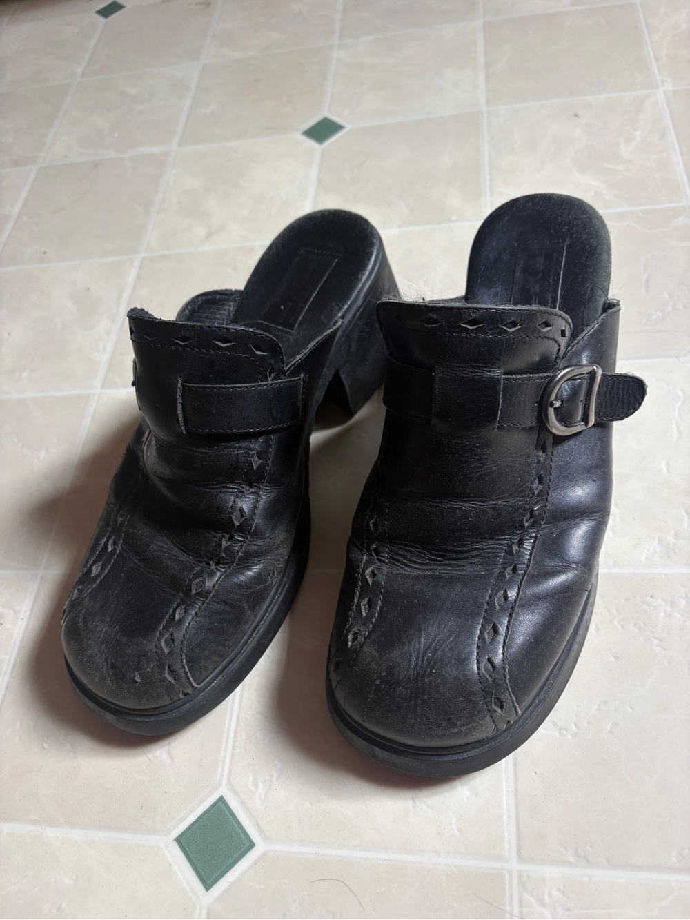 American Eagle Outfitters Black Leather Clog Mules with Buckle Accent